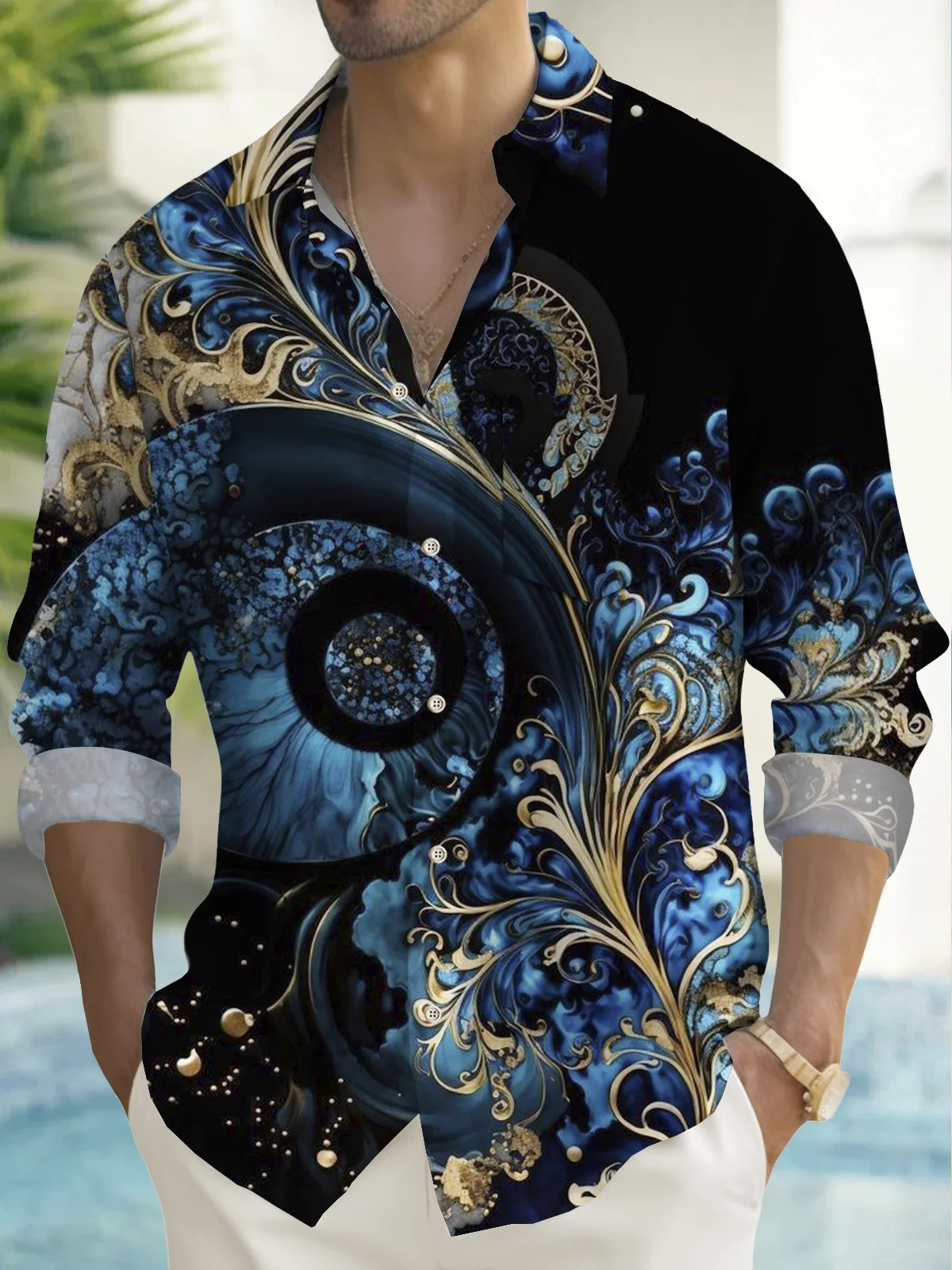 Royaura® Men's Artistic European Pattern Print Pocket Long Sleeve Shirt Big & Tall