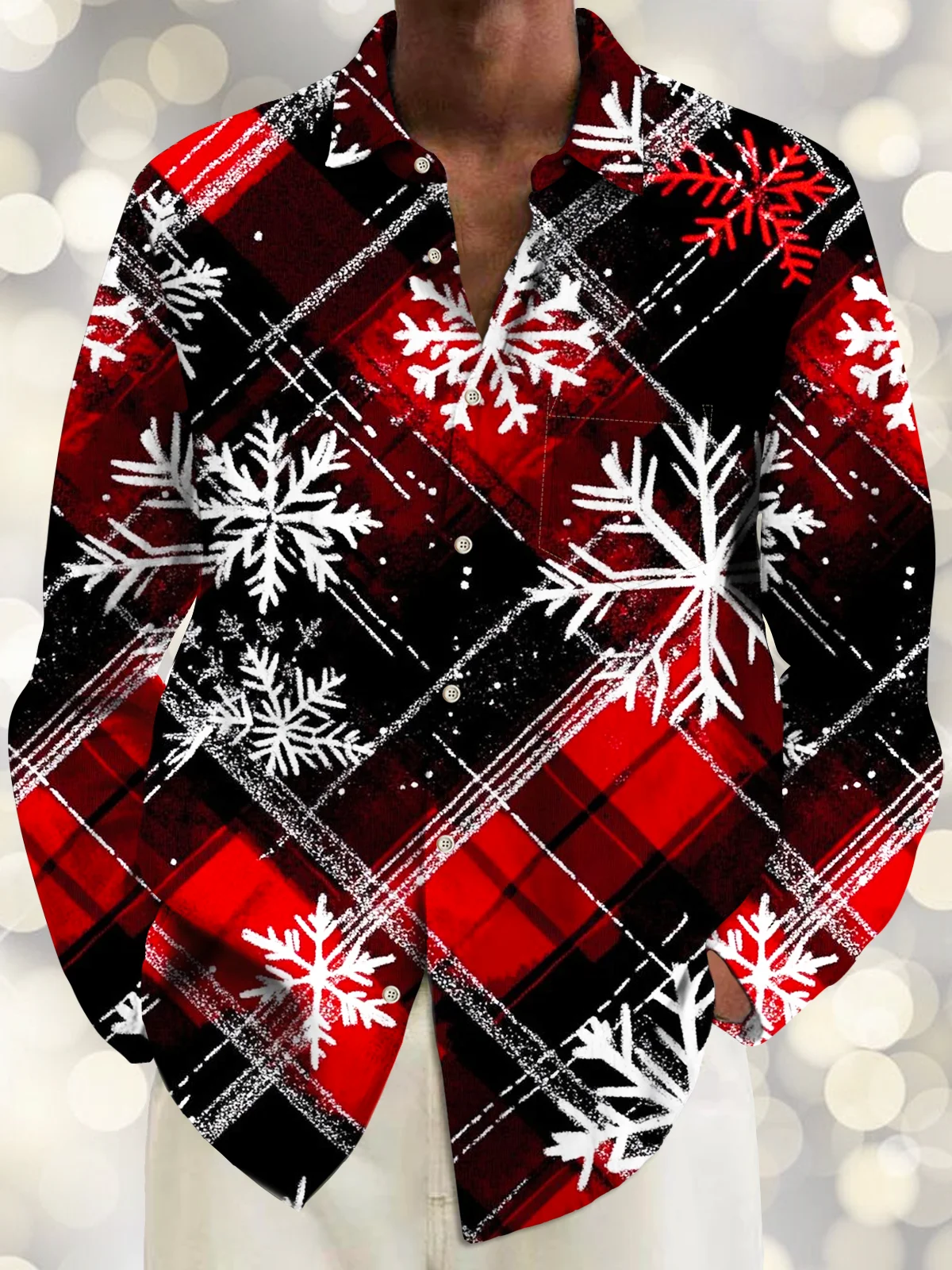 Royaura® Holiday Christmas Plaid Snowflake Art Print Men's Button Pocket Long Sleeve Shirt Big & Tall