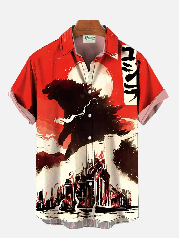 Royaura® Ukiyo-e Godzilla Print Men's Pocket Short Sleeve Shirt Big & Tall