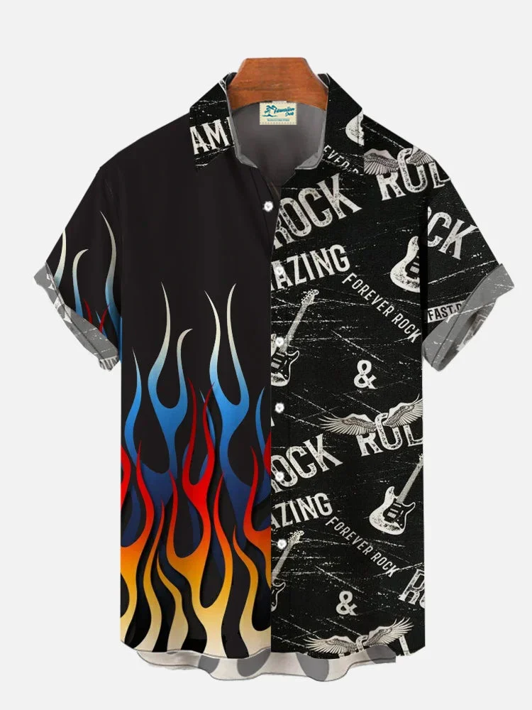 Royaura® Retro Rock Music Print Men's Pocket Short Sleeve Shirt Big & Tall