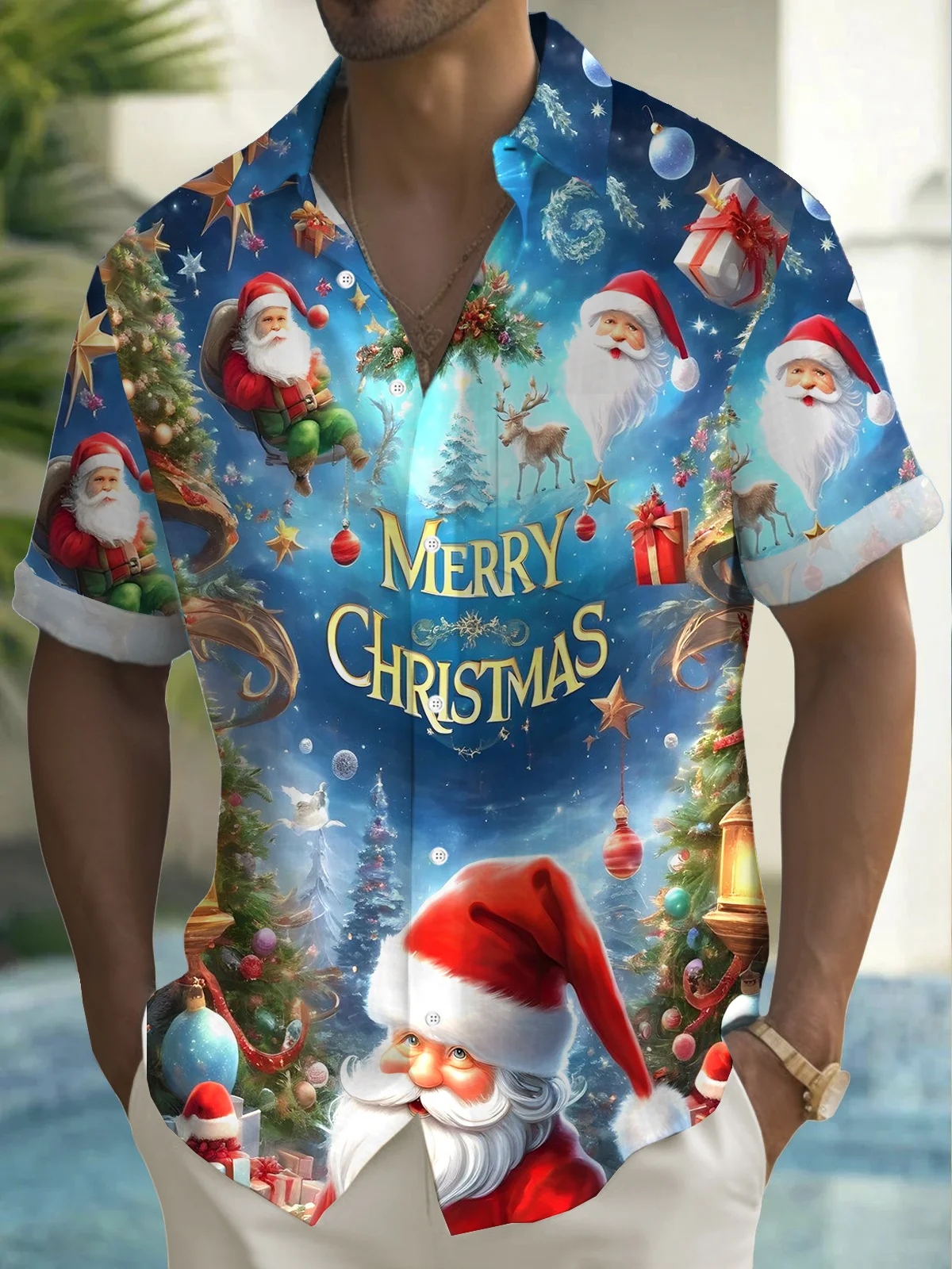Royaura® Christmas Santa Claus Print Men's Button Pocket Short Sleeve Shirt Big & Tall
