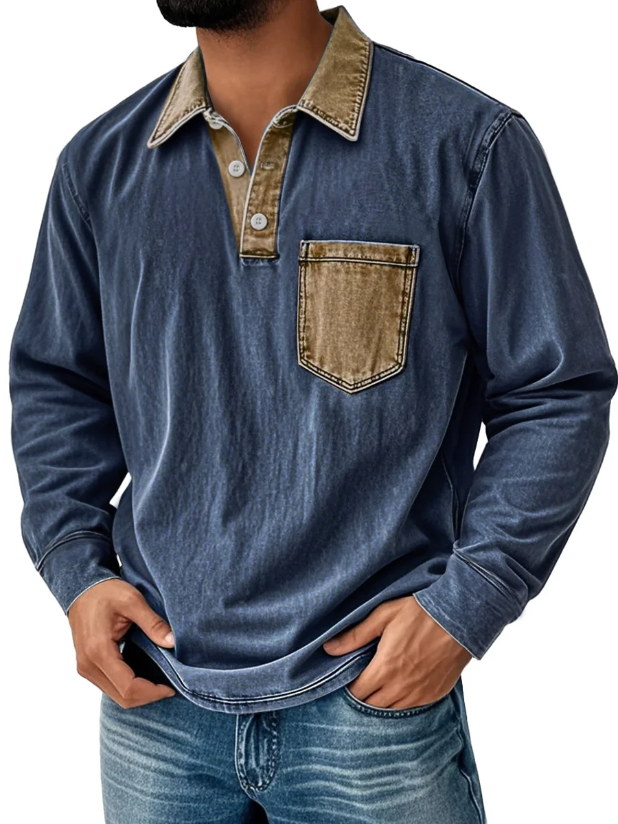 Royaura® Men's Retro Contrast Print Button-Down Long Sleeve Polo Shirt Big & Tall