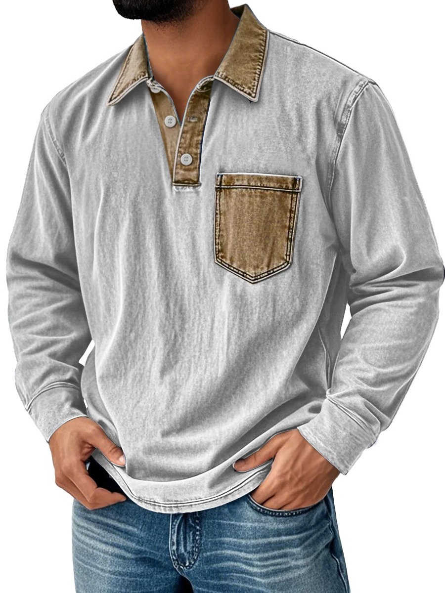 Royaura® Men's Retro Contrast Print Button-Down Long Sleeve Polo Shirt Big & Tall