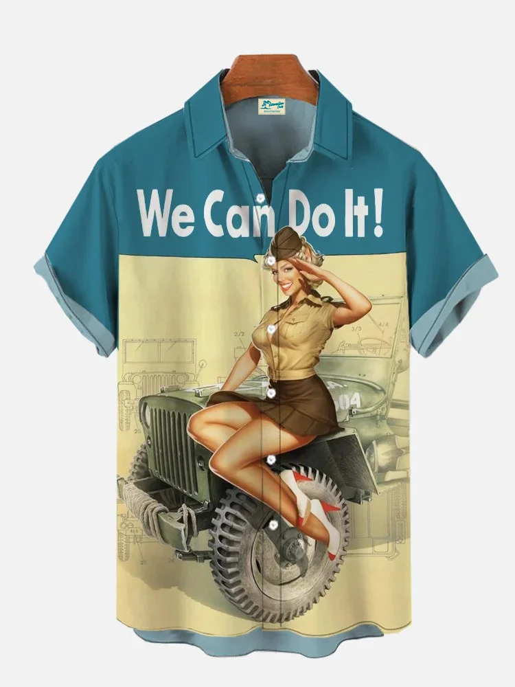 Royaura® Retro Pin-Up Car Girl Print Men's Pocket Short Sleeve Shirt Big & Tall
