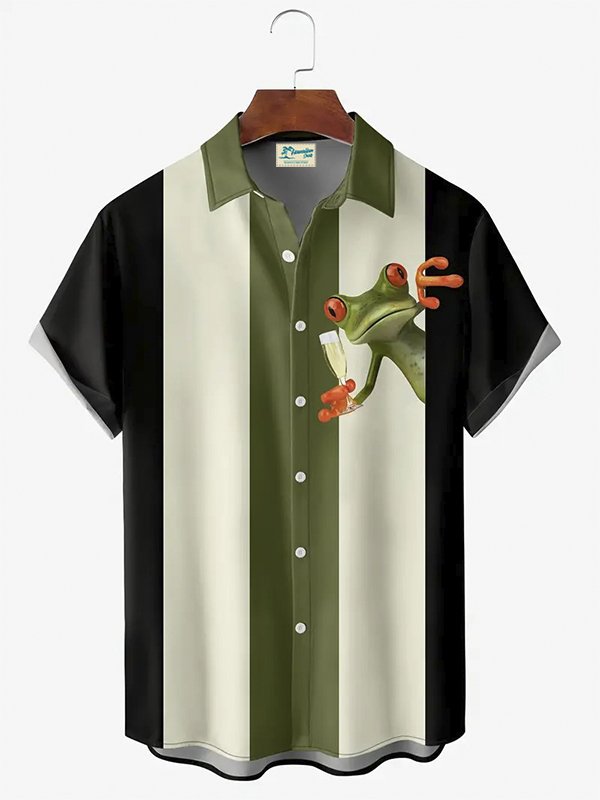 Royaura® Retro Stripe Funny Frog Print Men's Pocket Short Sleeve Shirt Big & Tall