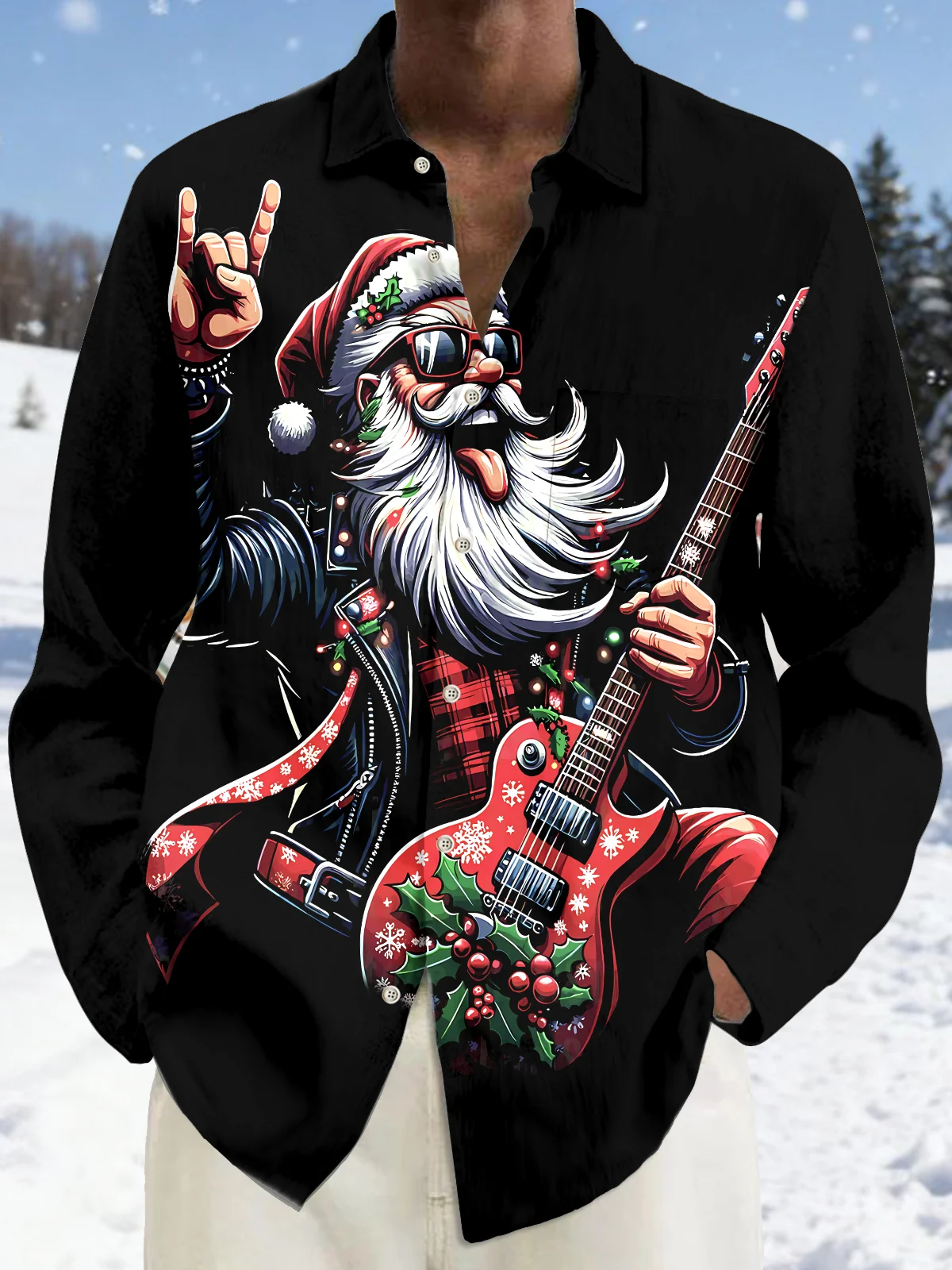 Royaura® Christmas Guitar Santa Print Casual Fashion Men's Button Pocket Long Sleeve Shirt Big Tall