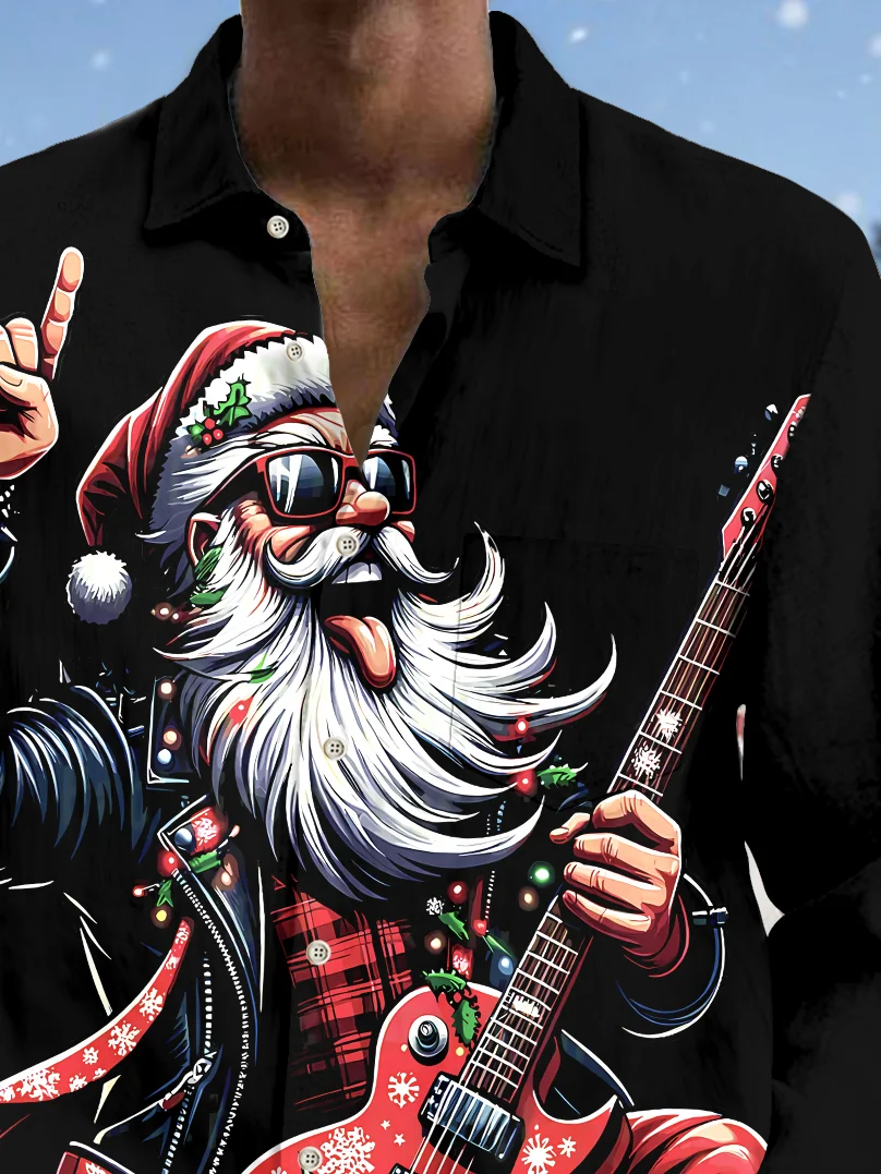Royaura® Christmas Guitar Santa Print Casual Fashion Men's Button Pocket Long Sleeve Shirt Big Tall