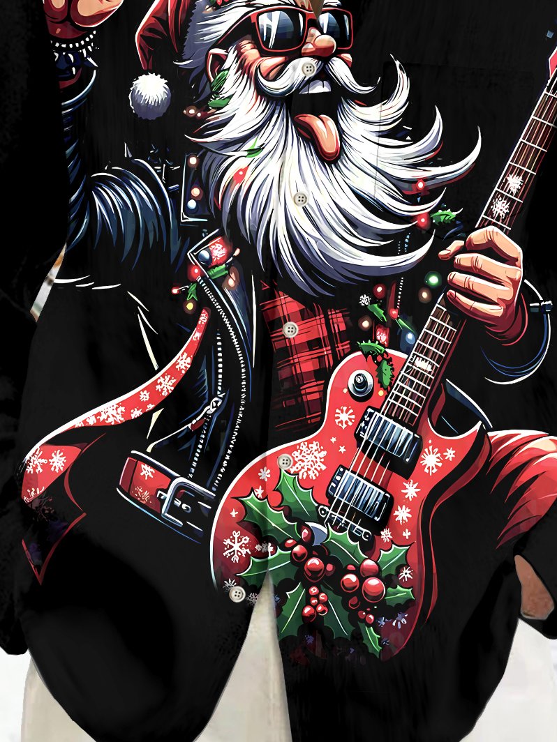 Royaura® Christmas Guitar Santa Print Casual Fashion Men's Button Pocket Long Sleeve Shirt Big Tall