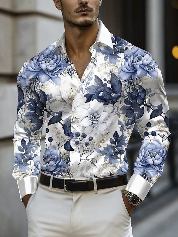 Royaura® Men's Retro Ethnic Pattern Print Lapel Long Sleeve Shirt Big & Tall