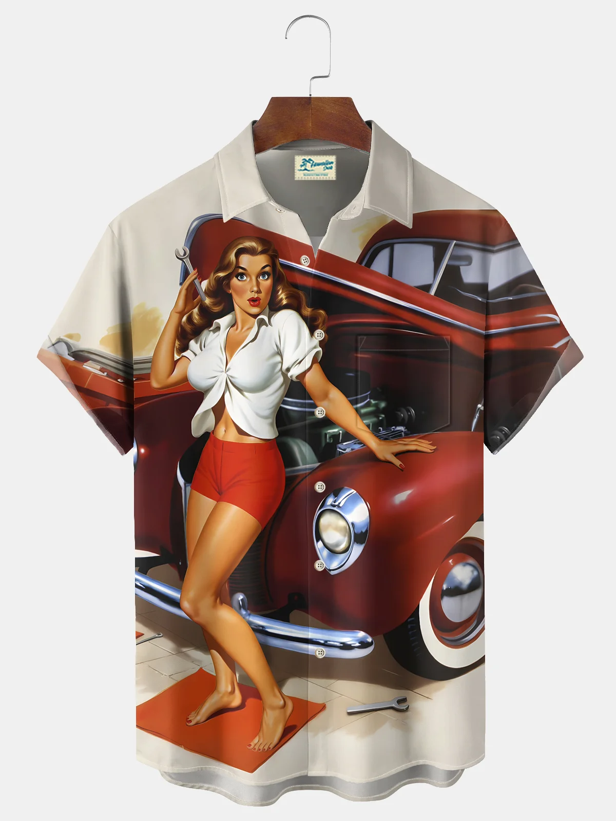 Royaura® Vintage Car Girl Print Men's Casual Stylish Button Pocket Short Sleeve Shirt Big Tall