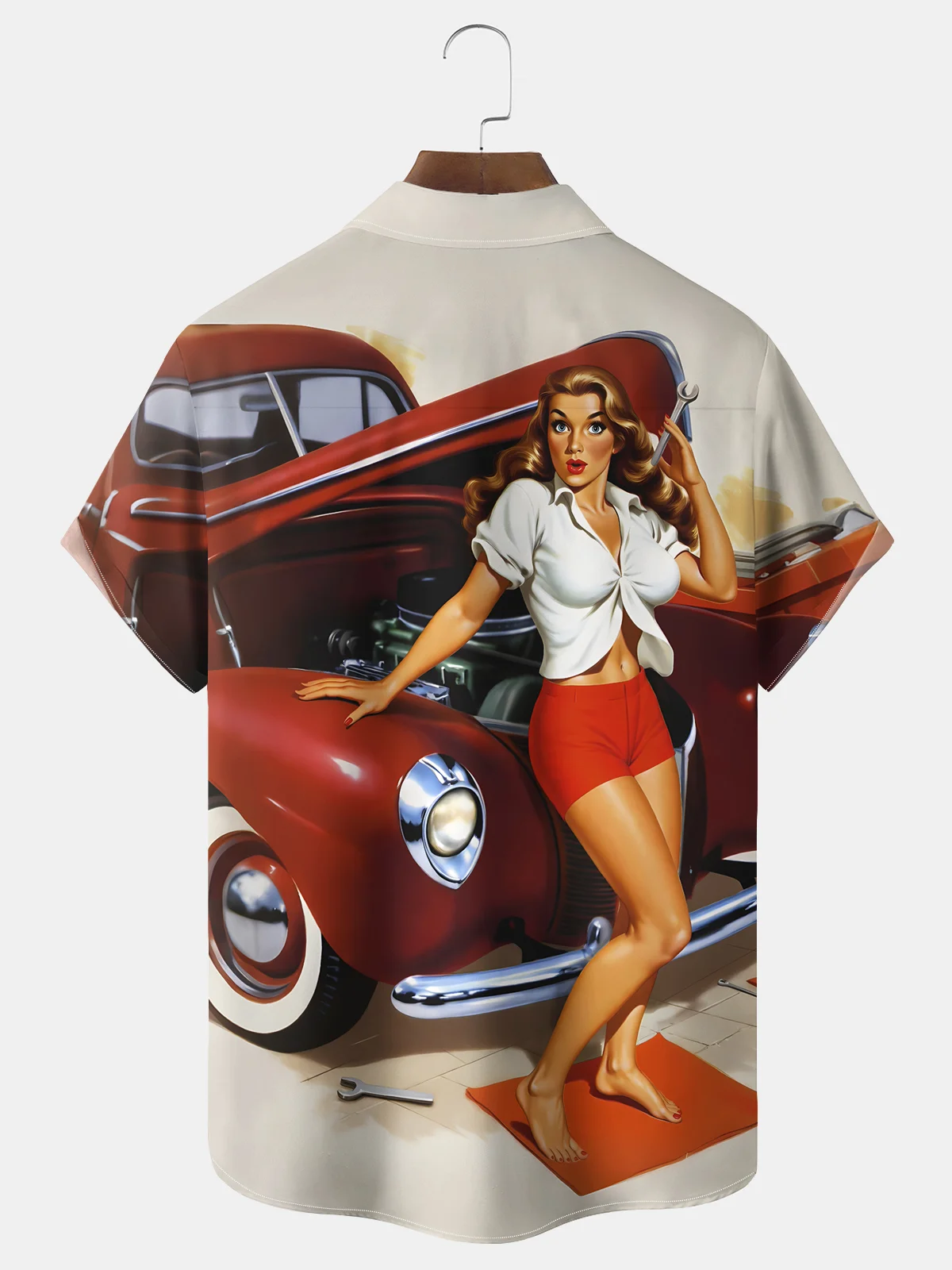 Royaura® Vintage Car Girl Print Men's Casual Stylish Button Pocket Short Sleeve Shirt Big Tall