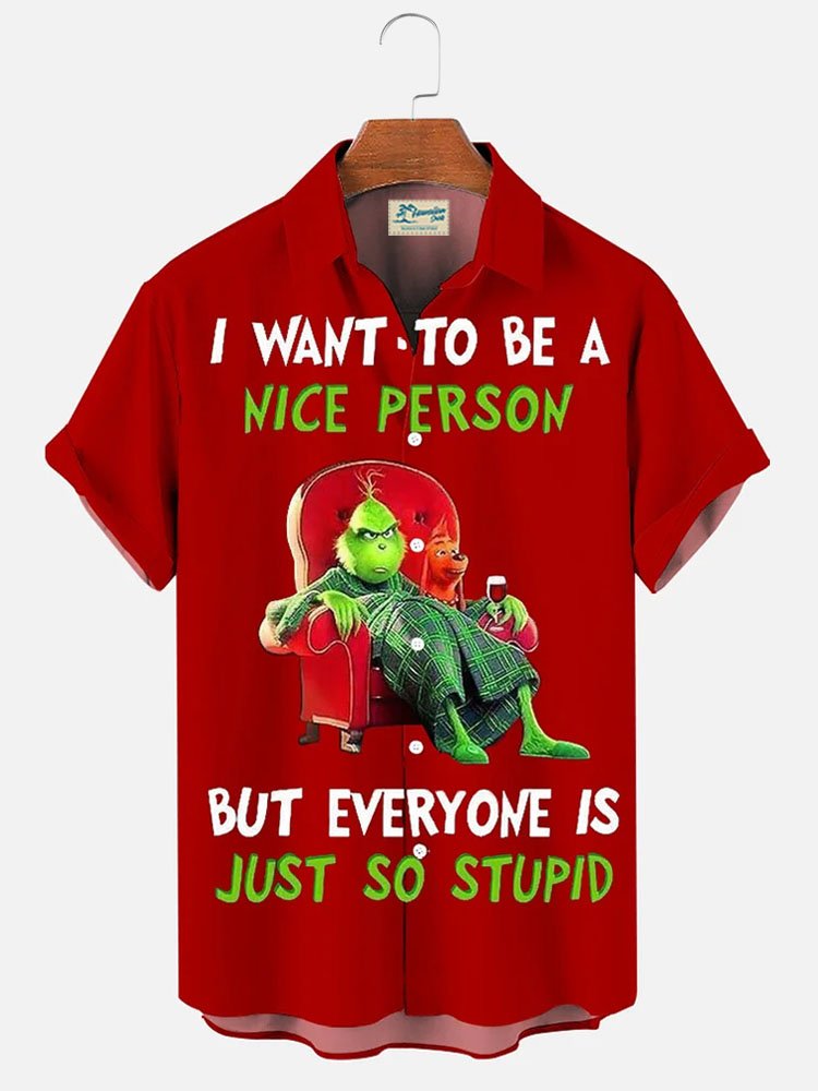 Royaura® Christmas Limited Edition Cartoon Print Men's Button Pocket Short Sleeve Shirt Big & Tall