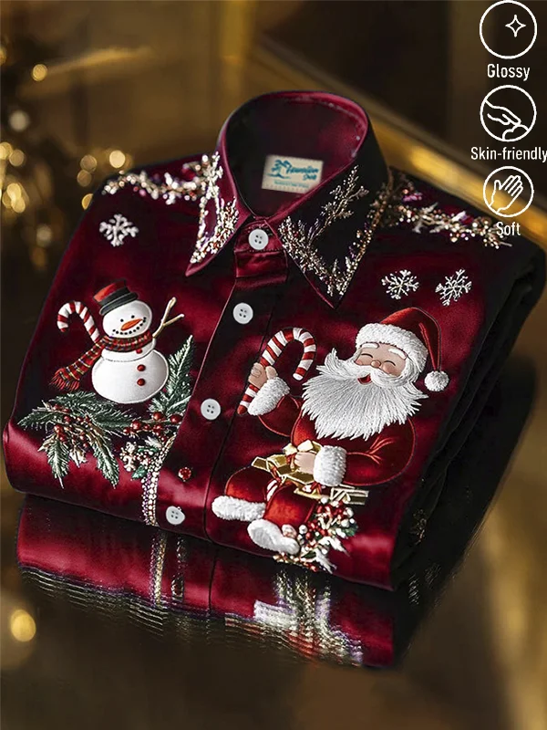 Royaura® Men's Christmas Santa Claus Print Lapel Satin Long Sleeve Shirt Big & Tall