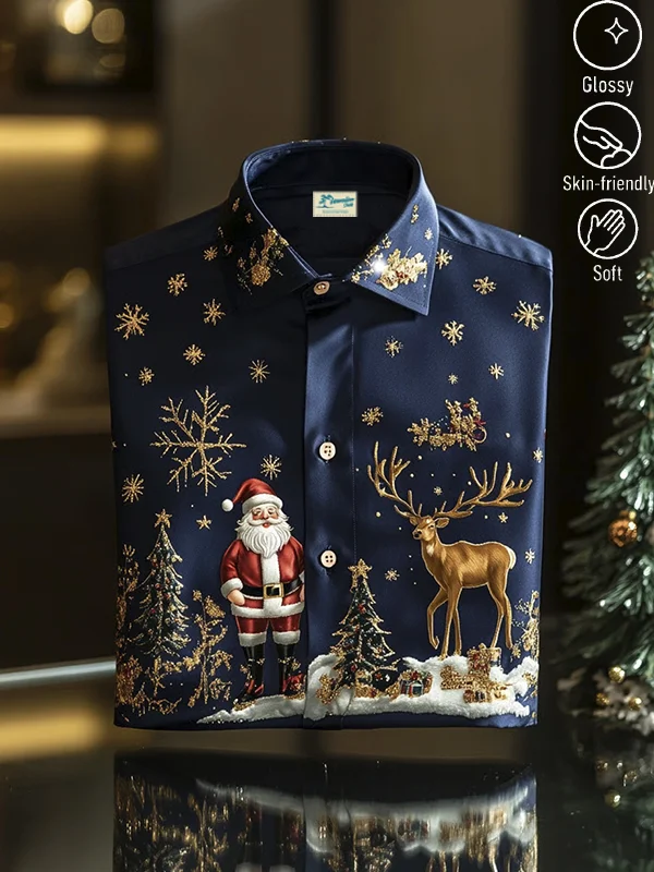 Royaura® Men's Christmas Santa and Elk Print Lapel Satin Long Sleeve Shirt Big & Tall