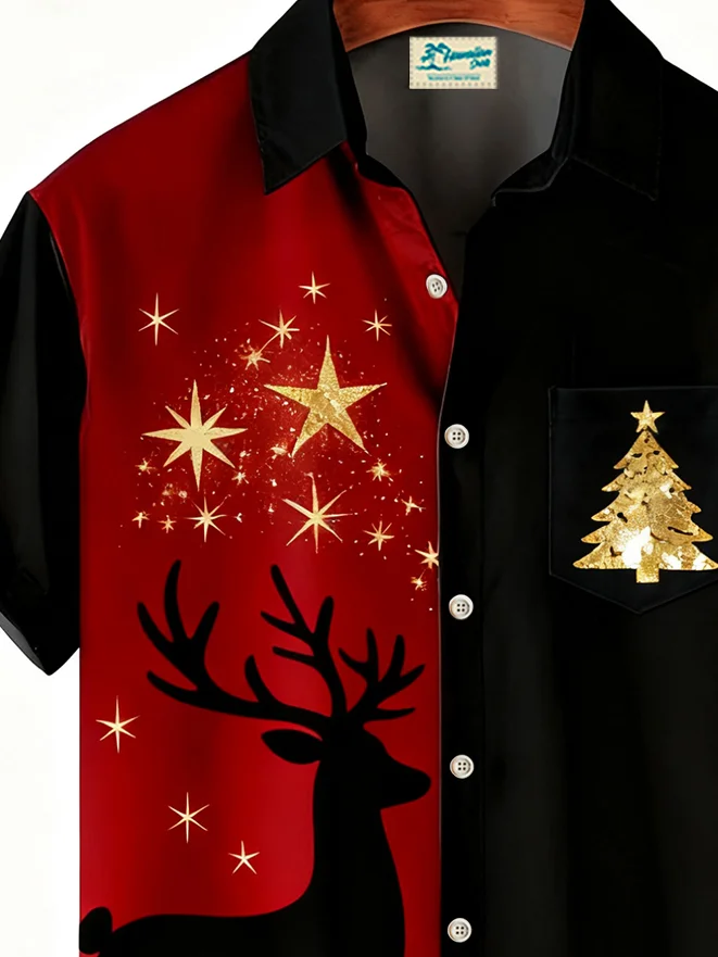 Royaura® Christmas Elk Print Casual Stylish Hawaiian Shirt Summer Shirts Pocket Short Sleeve Shirt Big Tall