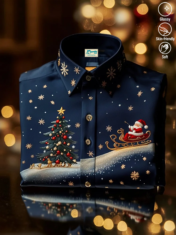 Royaura® Holiday Christmas Santa Art Print Men's Silk Button Pocket Silk Long Sleeve Shirt Big & Tall