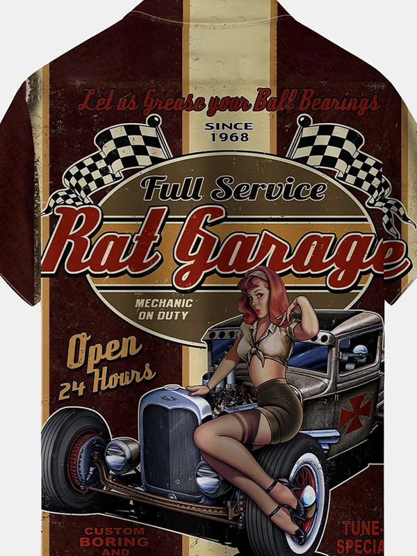 Royaura® Men's Retro Car Girl Print Pocket Short Sleeve Shirt Big & Tall