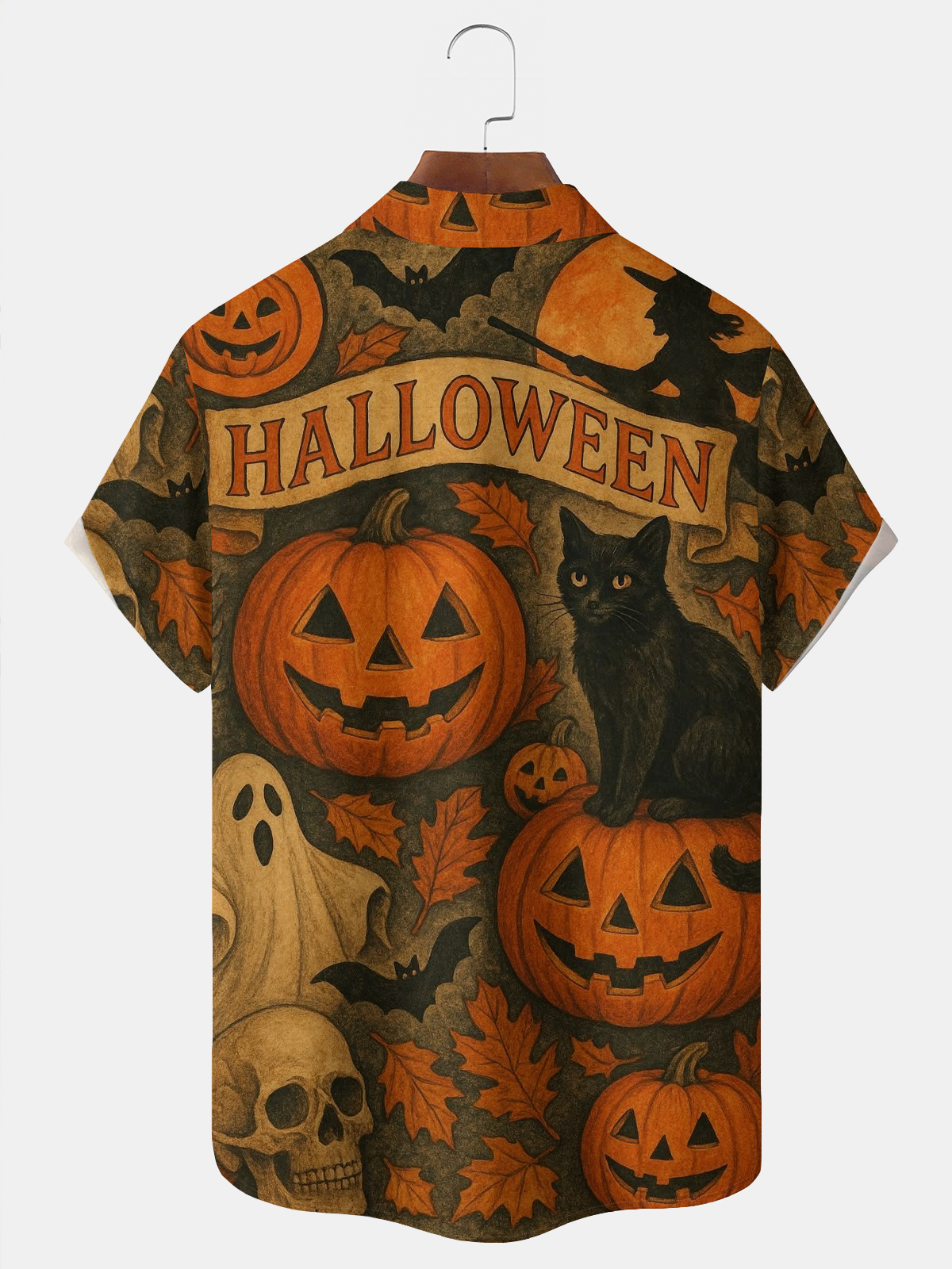 Royaura® Halloween Night Holiday Pumpkin Art Print Men's Button Pocket Short Sleeve Shirt Big & Tall