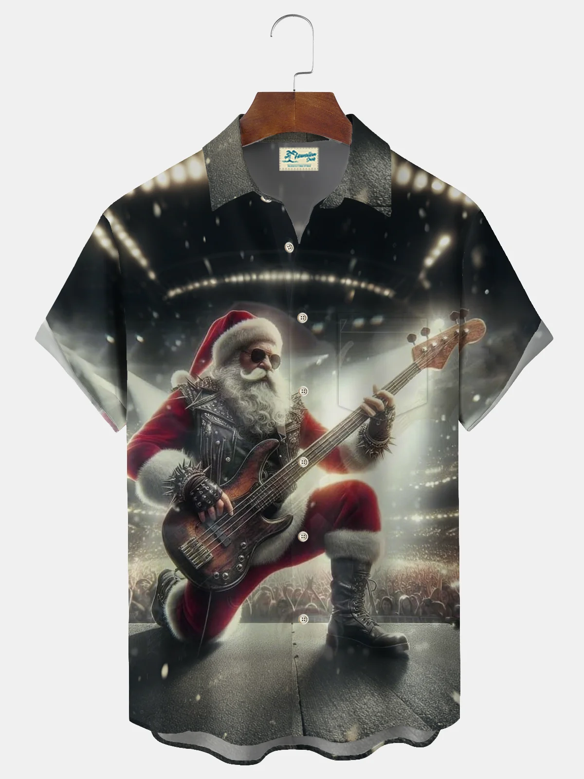 Royaura® Christmas Rock 'n' Roll Santa Print Men's Lapel Pocket Short Sleeve Shirt Big & Tall