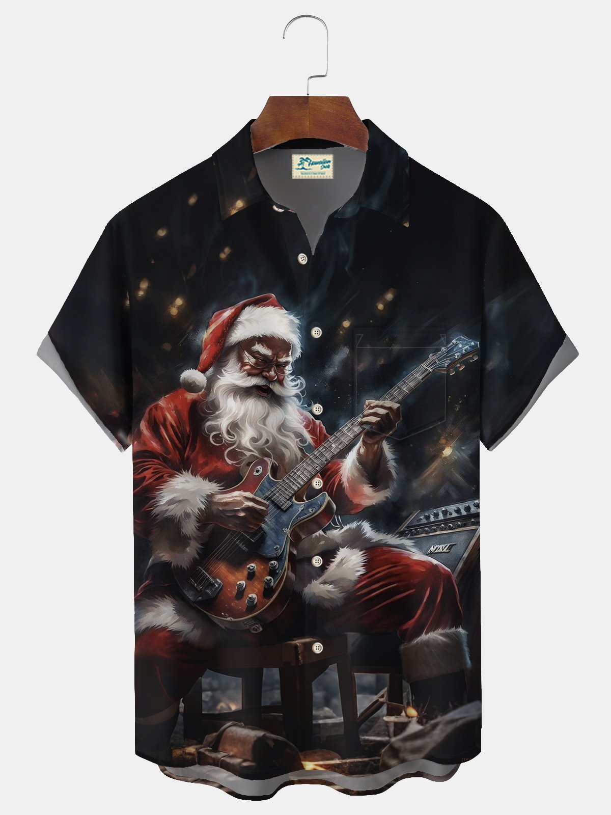 Royaura® Christmas Santa Claus Playing Guitar Print Men's Lapel Pocket Short Sleeve Shirt Big & Tall