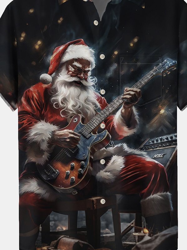 Royaura® Christmas Santa Claus Playing Guitar Print Men's Lapel Pocket Short Sleeve Shirt Big & Tall