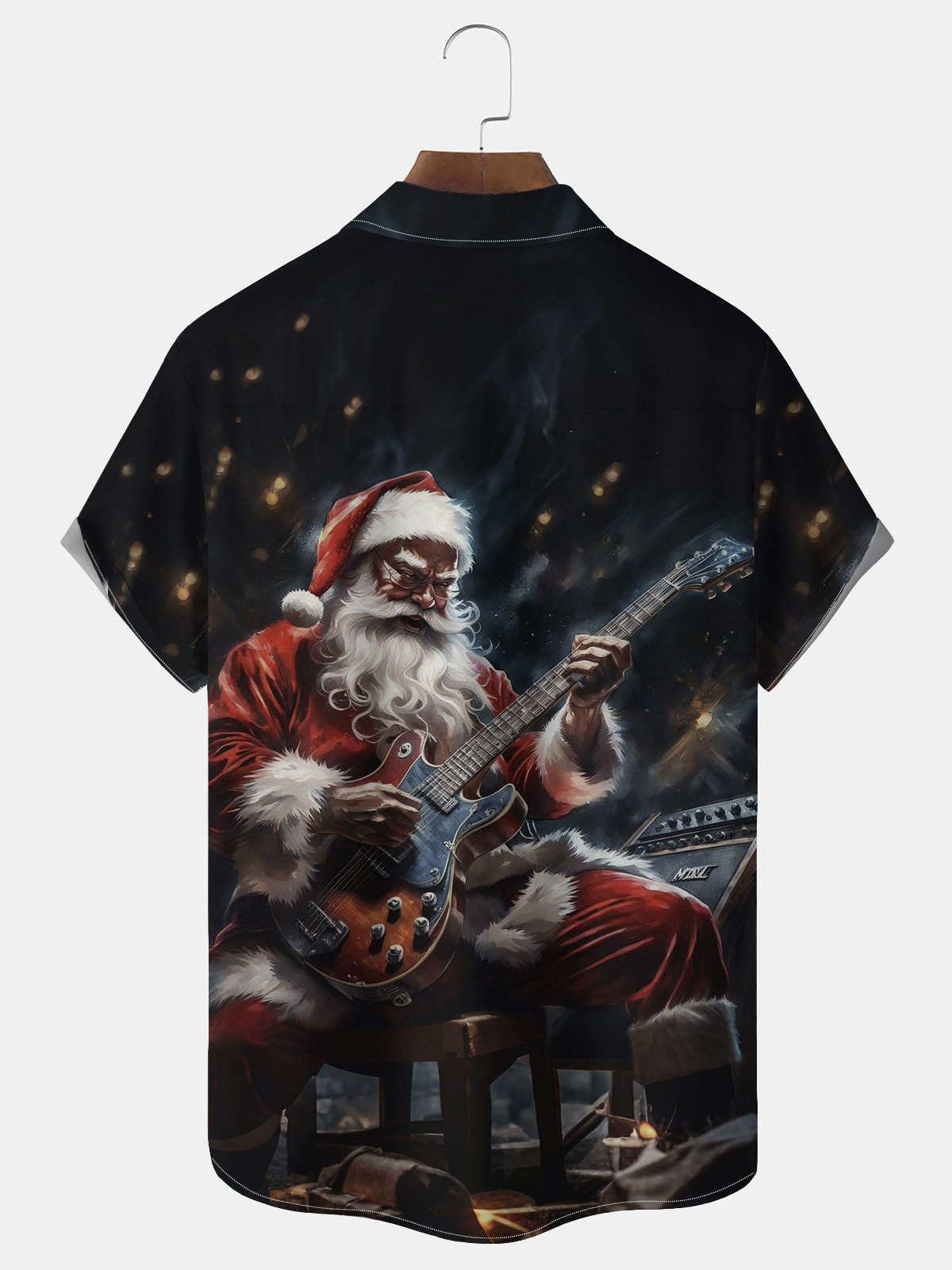 Royaura® Christmas Santa Claus Playing Guitar Print Men's Lapel Pocket Short Sleeve Shirt Big & Tall