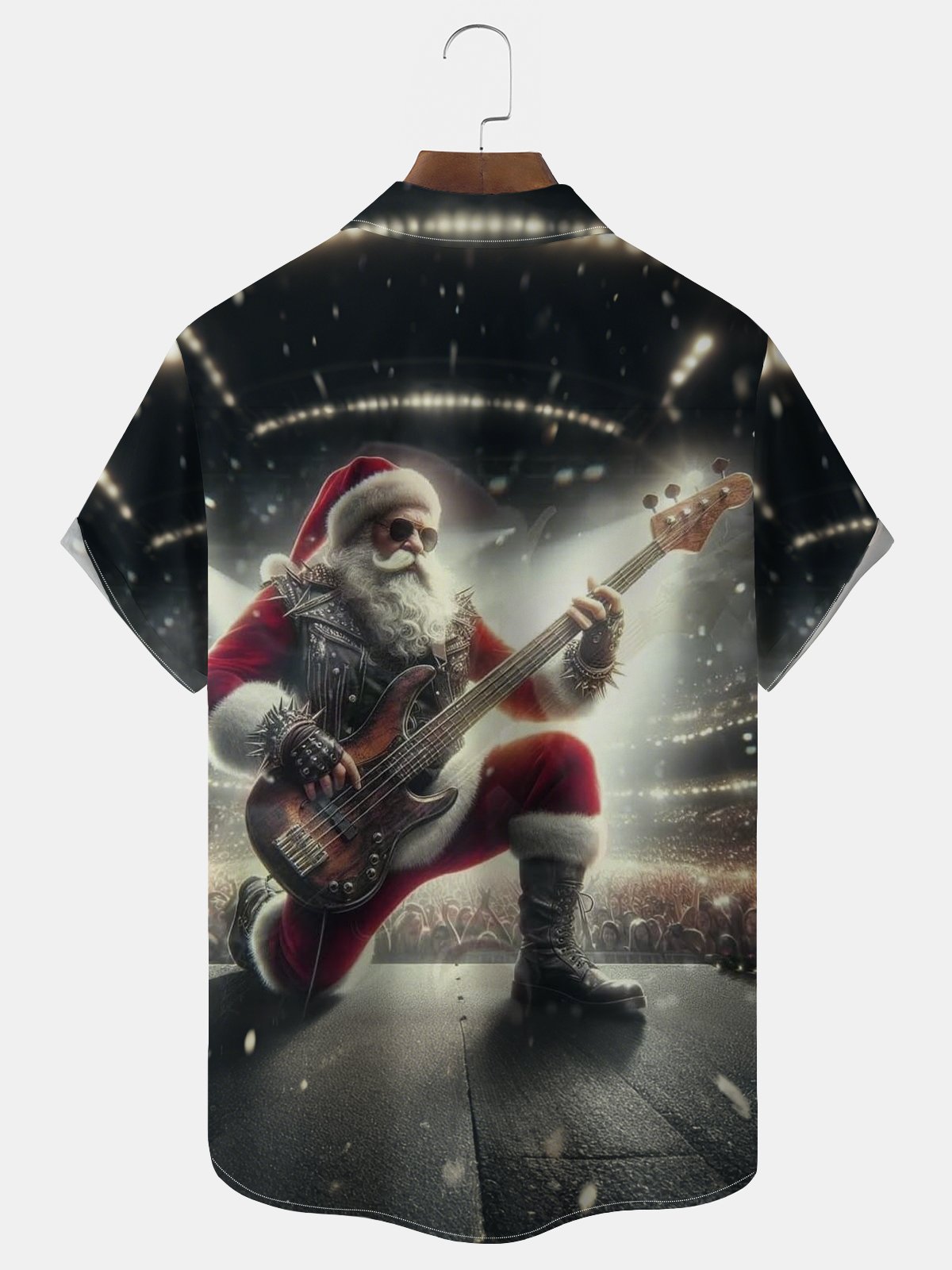 Royaura® Christmas Rock 'n' Roll Santa Print Men's Lapel Pocket Short Sleeve Shirt Big & Tall