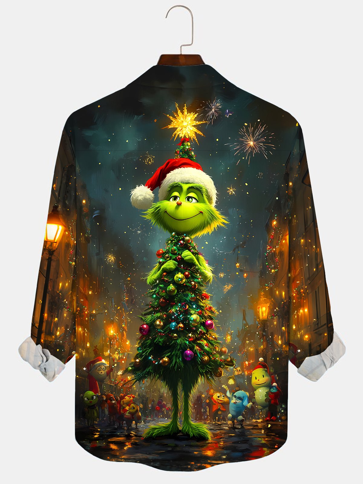 Royaura® Christmas Green Haired Monster Print Casual Fashion Men's Button Pocket Long Sleeve Shirt Big Tall