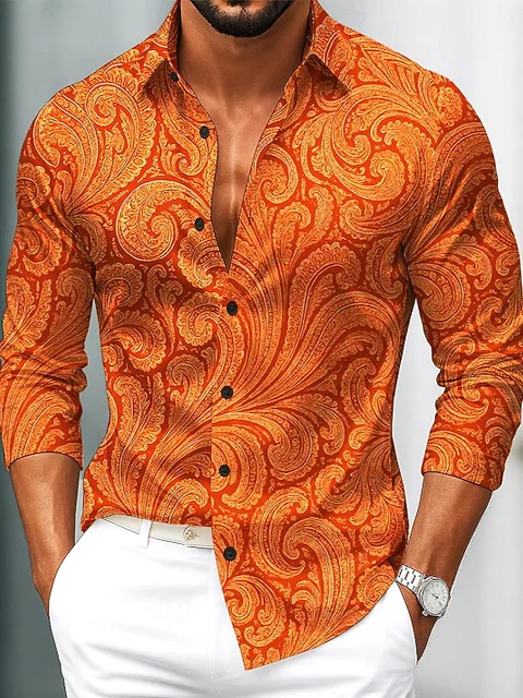 Royaura® Retro Paisley Art Print Men's Button Pocket Long Sleeve Shirt Big & Tall