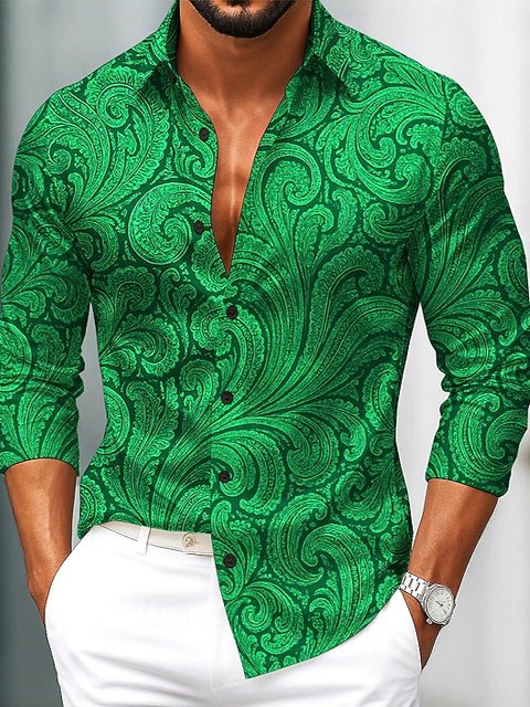 Royaura® Retro Paisley Art Print Men's Button Pocket Long Sleeve Shirt Big & Tall