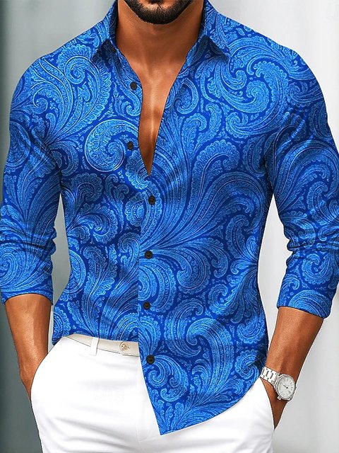 Royaura® Retro Paisley Art Print Men's Button Pocket Long Sleeve Shirt Big & Tall