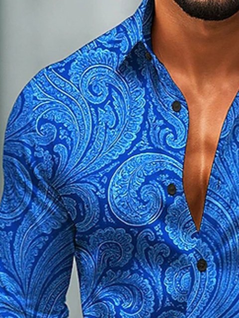 Royaura® Retro Paisley Art Print Men's Button Pocket Long Sleeve Shirt Big & Tall