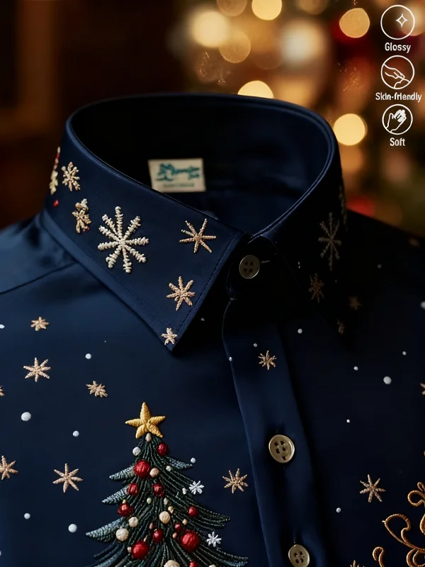 Royaura® Holiday Christmas Santa Art Print Men's Silk Button Pocket Silk Long Sleeve Shirt Big & Tall