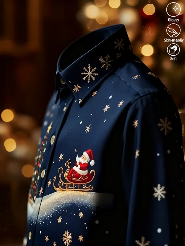 Royaura® Holiday Christmas Santa Art Print Men's Silk Button Pocket Silk Long Sleeve Shirt Big & Tall