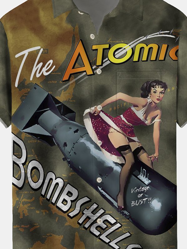 Royaura® Men's Vintage Pin-Up Girl Print Button Pocket Short Sleeve Shirt Big & Tall