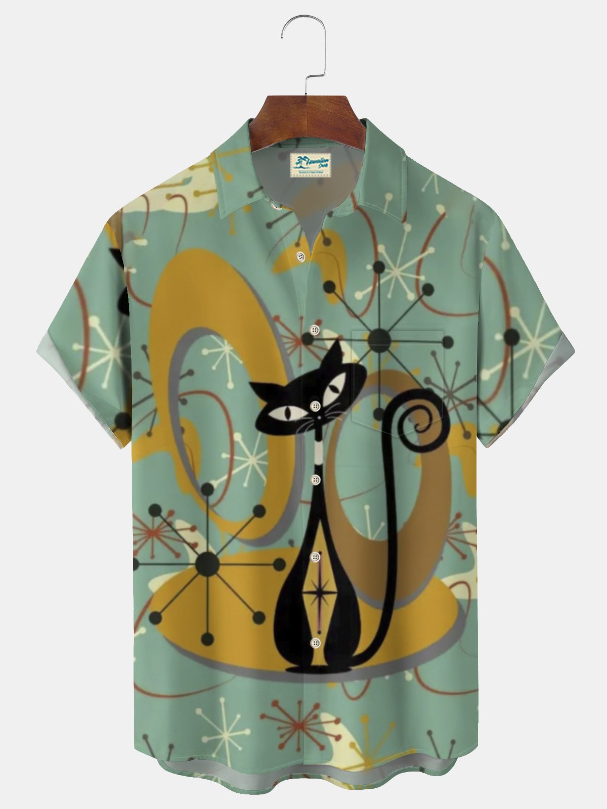 Royaura® Men's Retro Medieval Geometric Cat Print Button Pocket Short Sleeve Shirt Big & Tall
