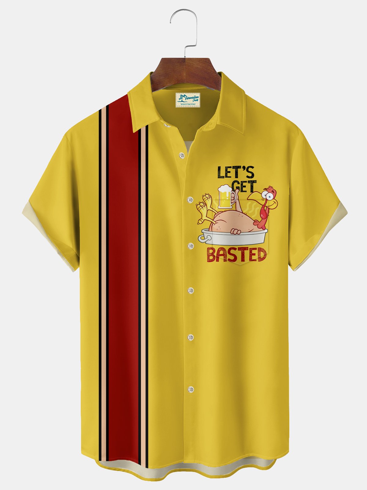 Royaura® Vintage Bowling Thanksgiving Turkey Print Men's Casual Stylish Button Pocket Short Sleeve Shirt Big Tall