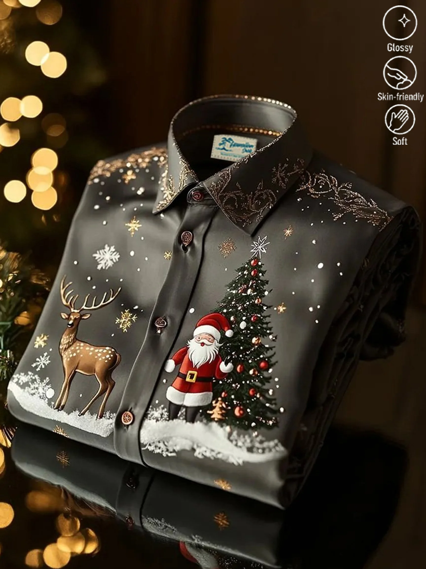 Royaura® Christmas Satin Glossy Print Men's Button Pocket Long Sleeve Shirt Big & Tall