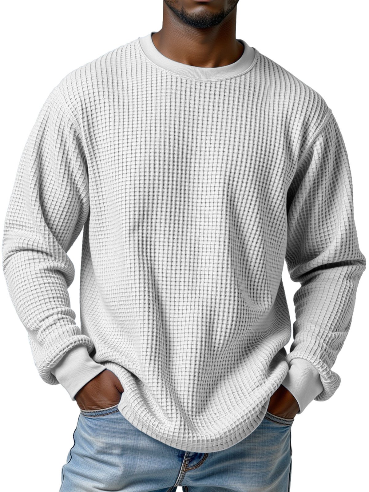 Royaura® Basic Men's Casual Fashion Elastic Round Neck Small Square Waffle Long Sleeve T-Shirt Big Tall