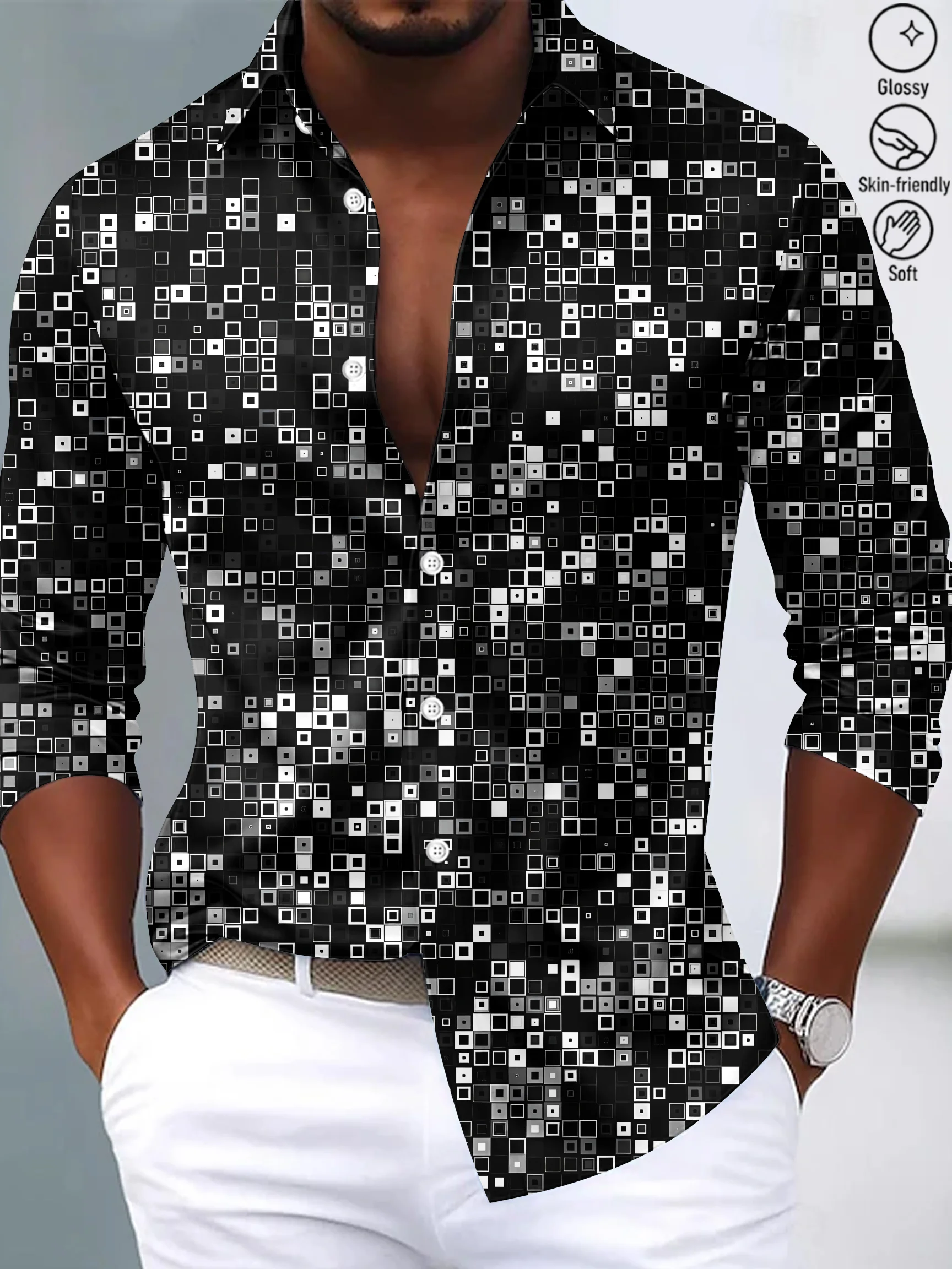 Royaura® Vintage Geometry Print Fashion Men's Button Bagless Silk Like Satin Long Sleeve Shirt Big Tall