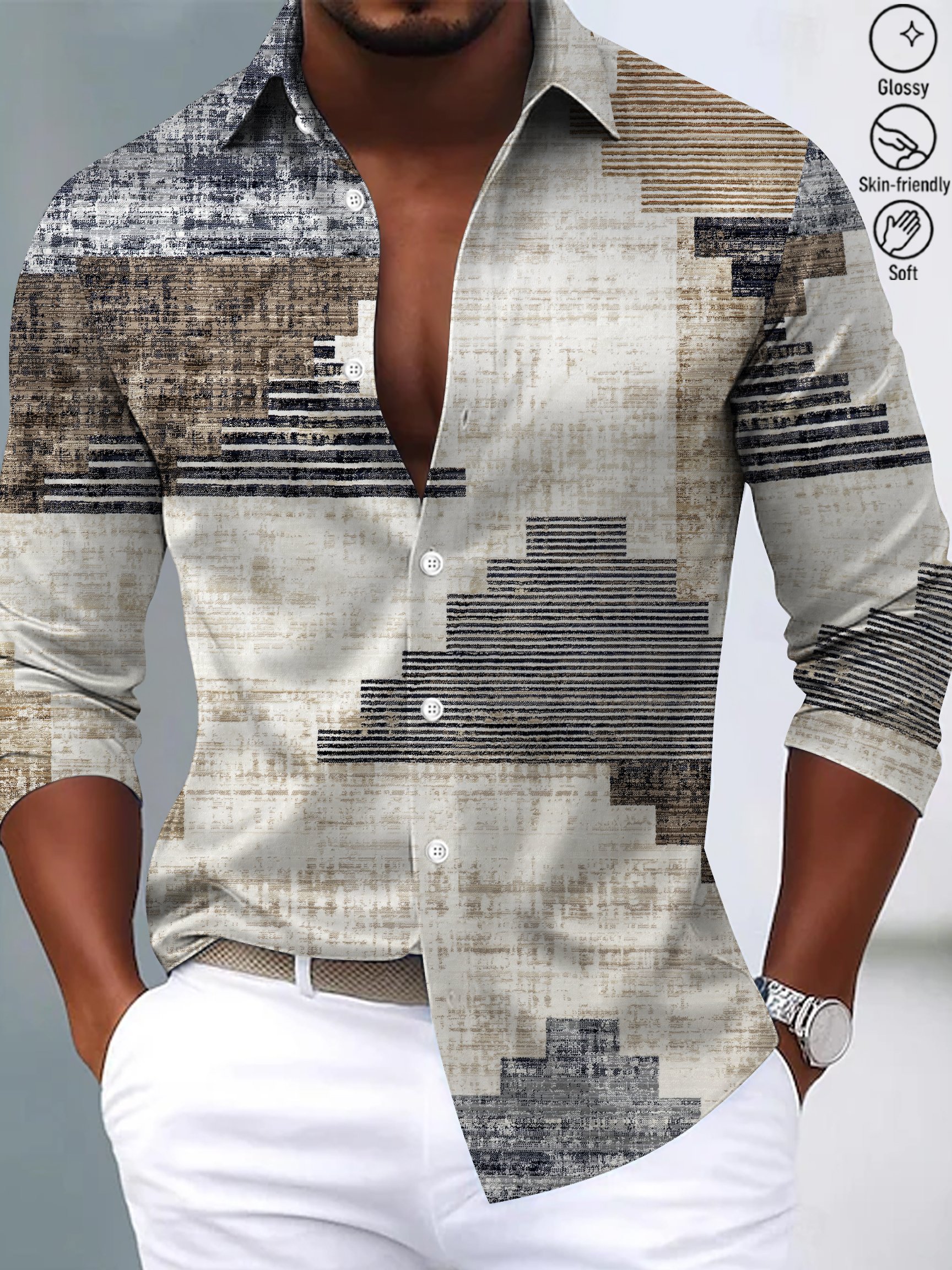 Royaura® Vintage Geometry Print Fashion Men's Button Bagless Silk Like Satin Long Sleeve Shirt Big Tall