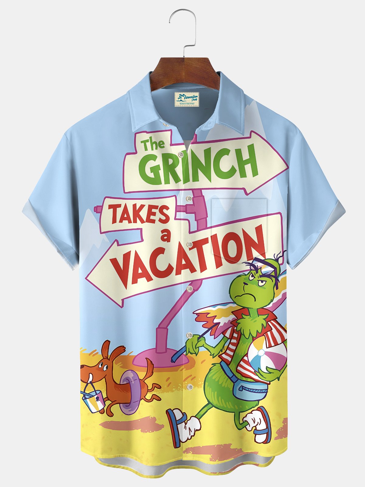 Royaura® Christmas Green Monster Cartoon Print Casual Stylish Hawaiian Shirt Summer Shirts Pocket Short Sleeve Shirt Big Tall