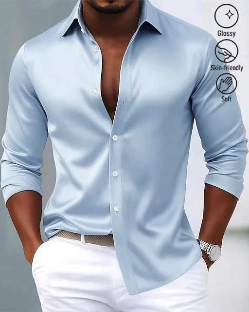 Royaura® Basic Satin Satin Silk Printed Men's Button Pocket Long Sleeve Shirt Big & Tall