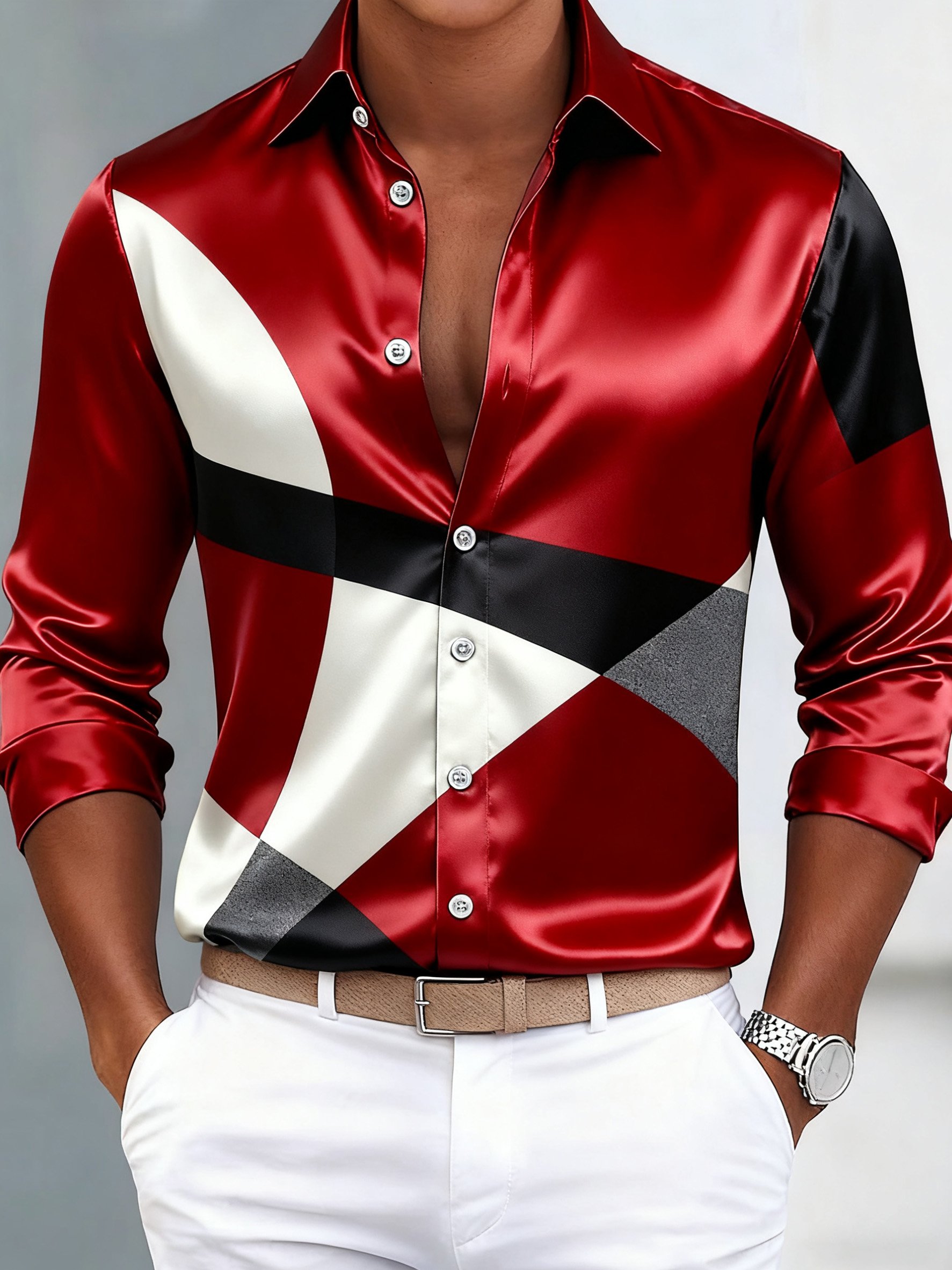 Royaura® Retro Geometric Satin Glossy Print Men's Button Pocket Long Sleeve Shirt Big & Tall