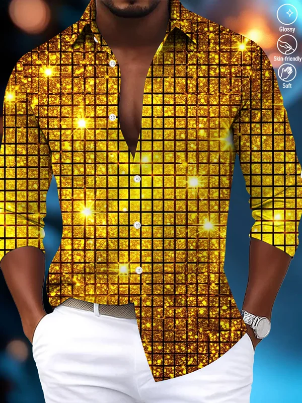 Royaura Vintage Gradient Geometric Art Men's Satin Button-Down Long Sleeve Shirt Big & Tall