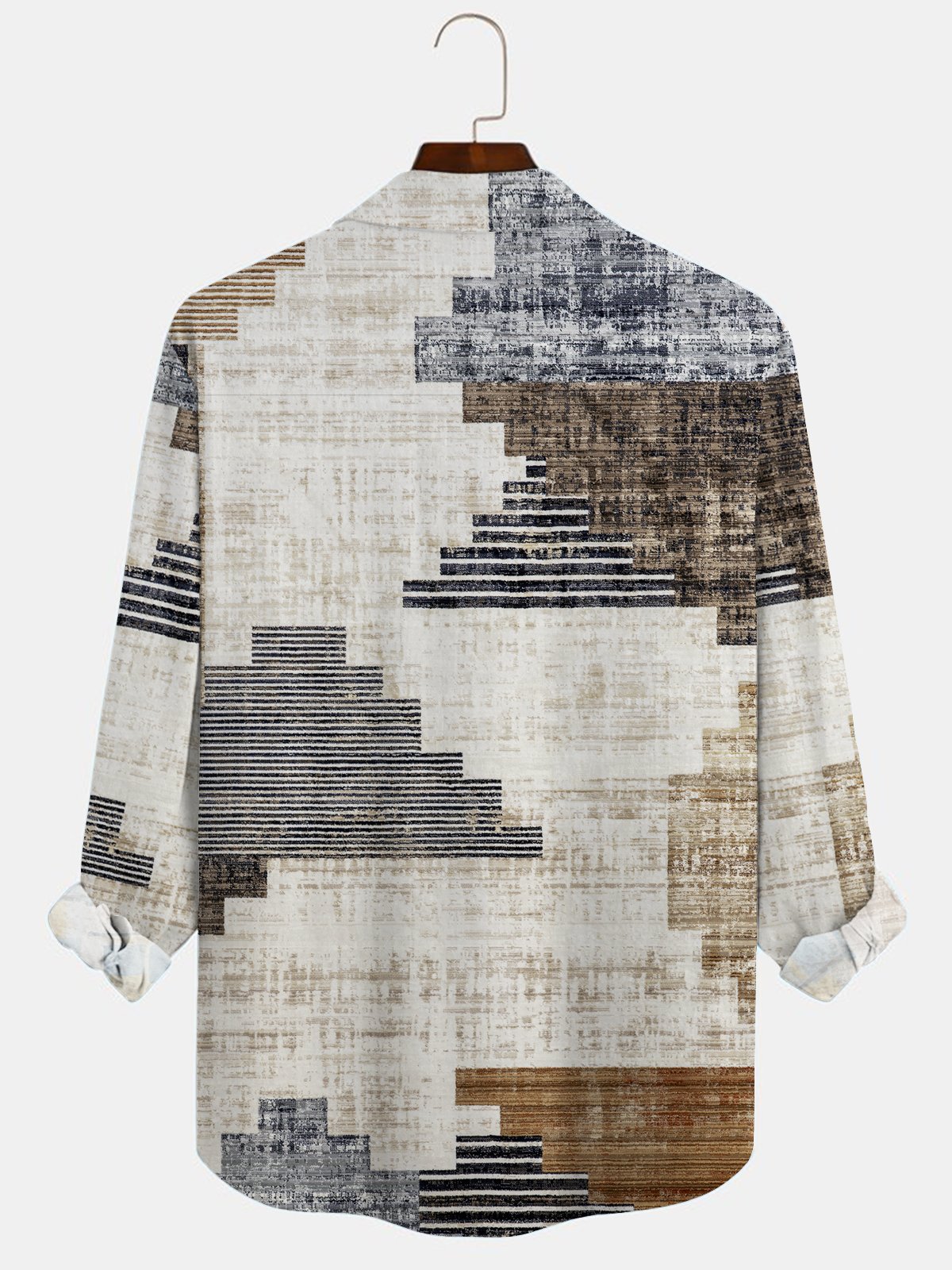 Royaura® Vintage Geometry Print Fashion Men's Button Bagless Silk Like Satin Long Sleeve Shirt Big Tall