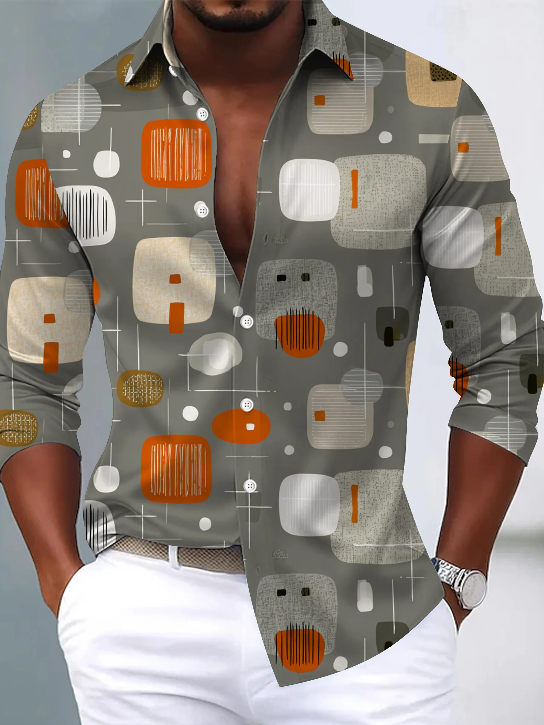 Royaura® Men's Retro Geometric Stripe Print Lapel Button-Down Long Sleeve Shirt Big & Tall