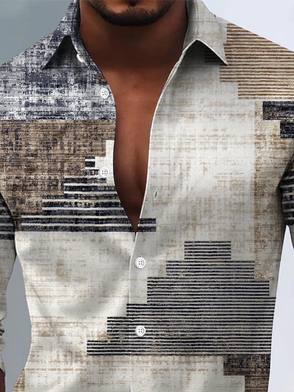 Royaura® Vintage Geometry Print Fashion Men's Button Bagless Silk Like Satin Long Sleeve Shirt Big Tall