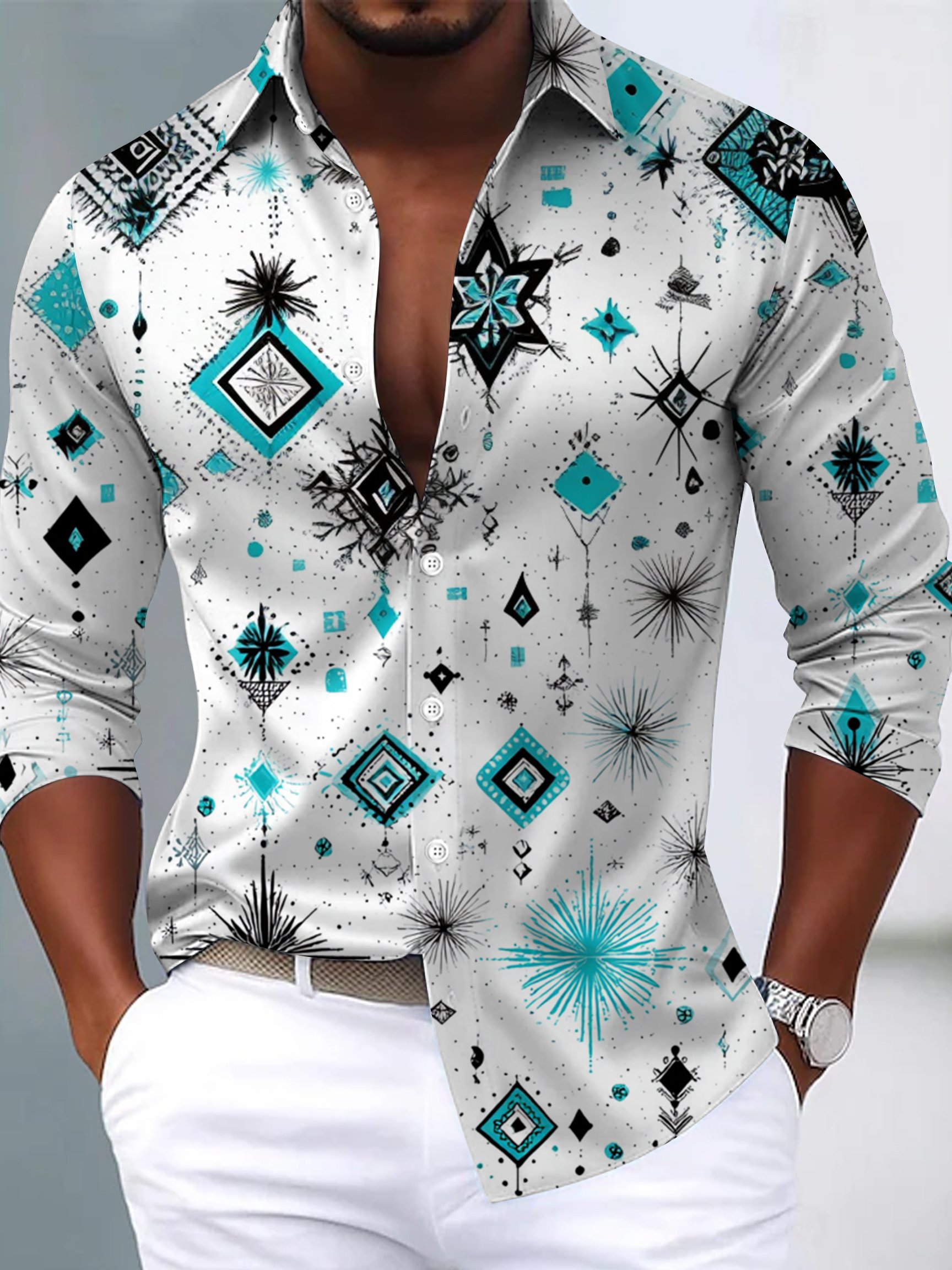 Royaura® Men's Retro Geometric Print Twist-Button Long Sleeve Shirt Big & Tall