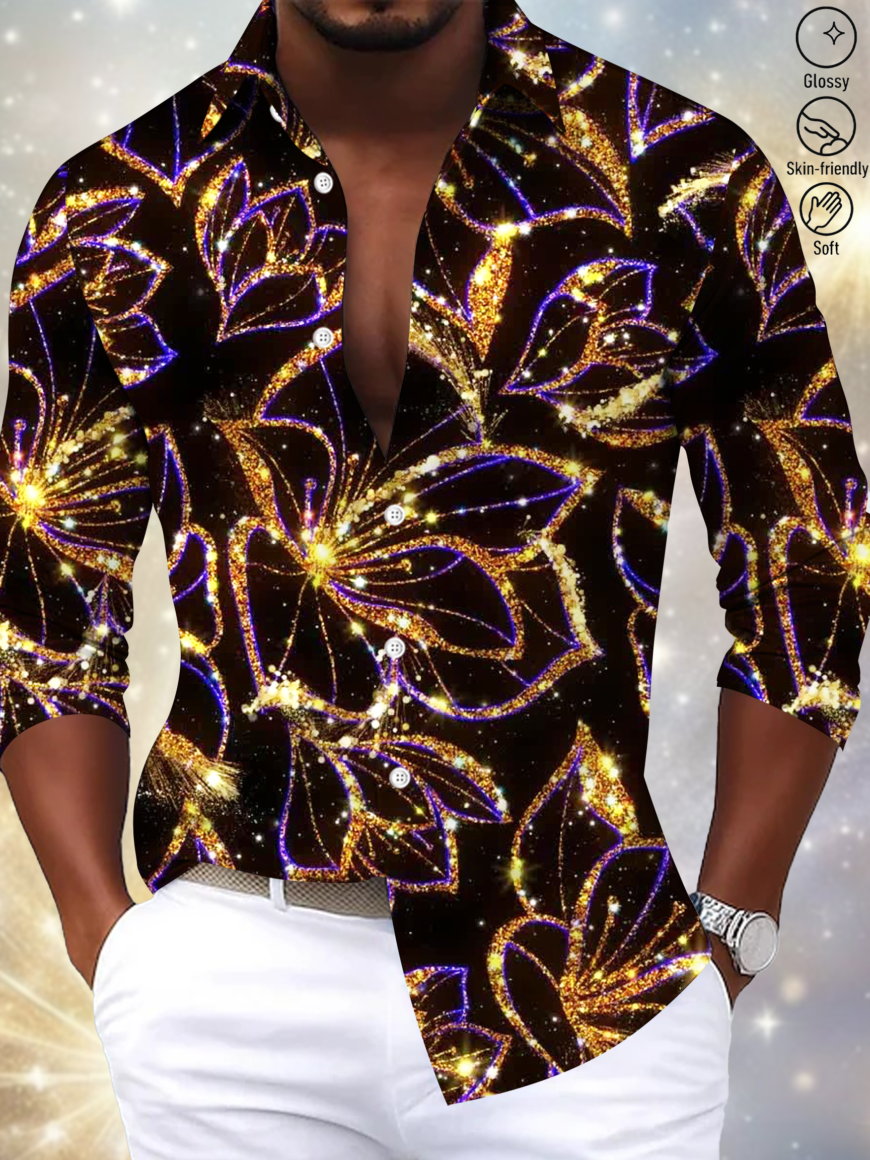 Royaura Vintage Gradient Abstract Floral Art Men's Satin Button-Down Long Sleeve Shirt Big & Tall